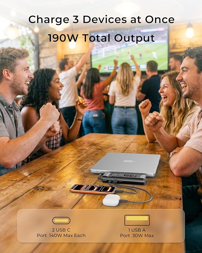 2026 FIFA Licensed 190W 20000mAh Power Bank for Laptop Portable Charger,3-Port USB-C Fast Charging Battery Pack with Built-in USB-C Cables for MacBook,Cell Phones,iPhone,Android,Samsung,Black