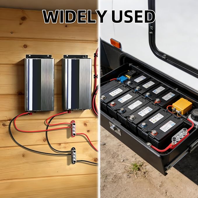 150A 12V Bus Bar Terminal Block with 4 x 5/16" (M8) Studs & Cover, Power Distribution Block for Marine Automotive Solar, 12 Volt Battery Bussbar with 8 Copper Lugs & Heat Shrink Tubing, Red Black Pair