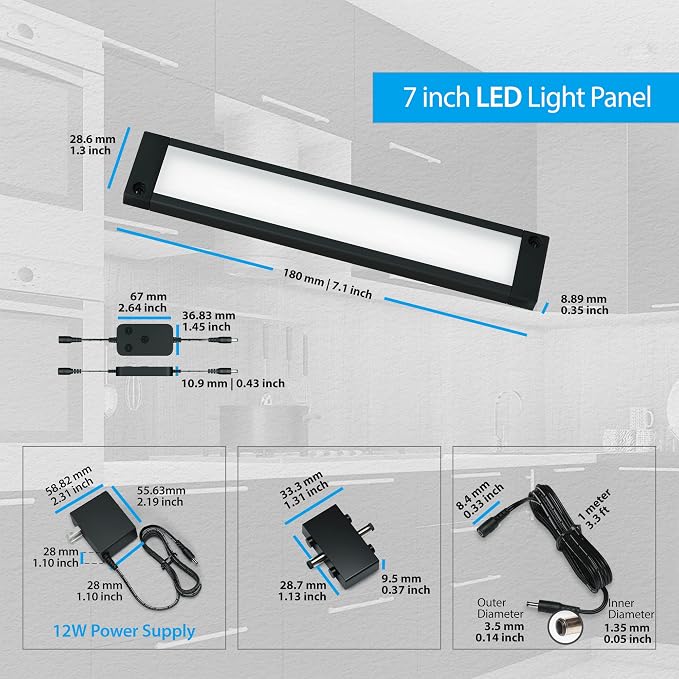 EShine 3 Pack 7 inch Black Smart Dimmable LED Under Cabinet Lighting Kit Compatible with Alexa, Google - Warm White (3000K)