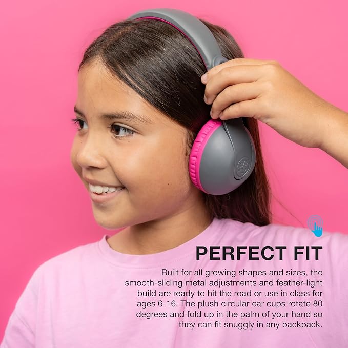 JLab, JBuddies Studio 2, Kids Headphones, Wireless Bluetooth On Ear, Volume Limiting, Foldable, Grey/Pink
