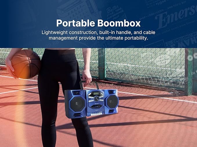 Emerson Portable CD Player Boombox with Cassette Player, Tape Recorder, AM/FM Radio, MP3 AUX Input, Detachable Speakers, AC/DC & Battery Operated – Stereo System for Home, Travel, Indoor & Outdoor Use