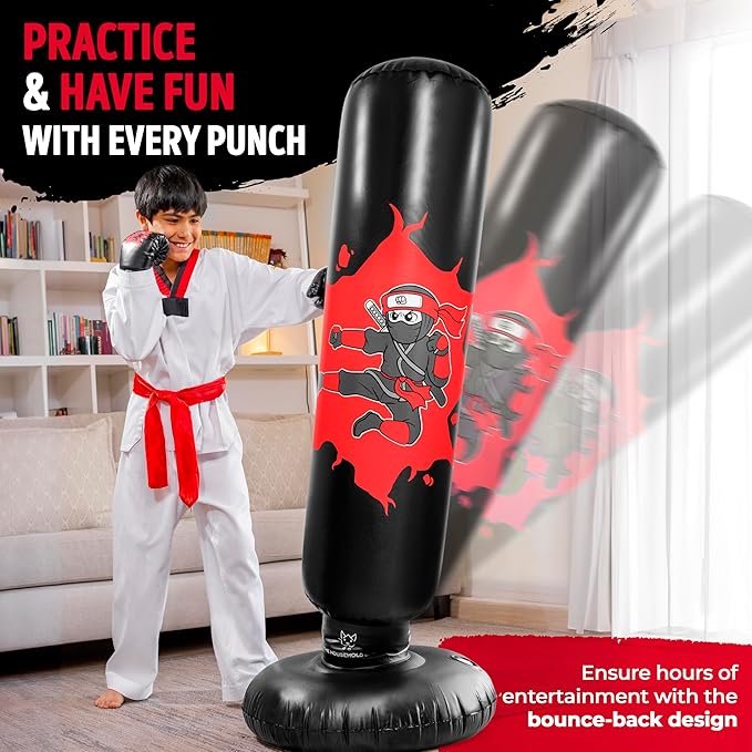 THB Punching Bag for Kids - Inflatable Punching Bag with Boxing Gloves for Kids Age 3-8, 63” Ninja Boxing Bag with Electric Air Pump to Practice Taekwondo, Karate, MMA, Bouncing Back