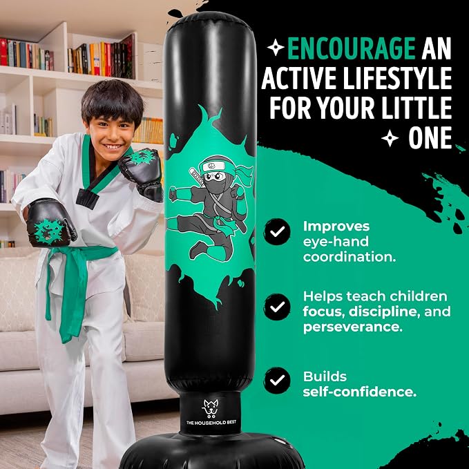 THB Punching Bag for Kids - Inflatable Punching Bag with Boxing Gloves for Kids Age 3-8, 63” Ninja Boxing Bag with Electric Air Pump to Practice Taekwondo, Karate, MMA, Bouncing Back