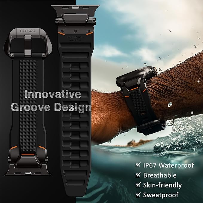 ULTIMAL Rugged Band for Apple Watch Ultra 3/2/1 49mm, Series 11/10/9/8/7/6/5/4 SE 46mm/45mm/44mm, Waterproof, Soft TPU Strap with Stainless Steel Buckle & Connectors, Sweat-Resistant, Easy to Clean, Fits 155-225mm Wrist (Black/Black)