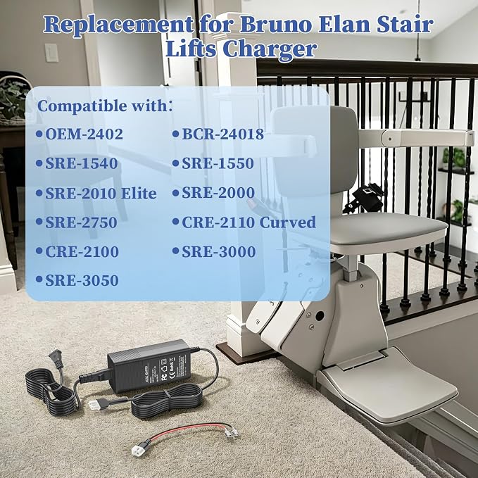 24V Stairlift Charger for Bruno Stair Lifts 2402 2402N 24018 Power Cord | Replacement for Bruno Stair SRE-1540 SRE-1550 SRE-2000 SRE-2010 Elite CRE-2110 Curved CRE-2100 SRE-2750 Power Supply