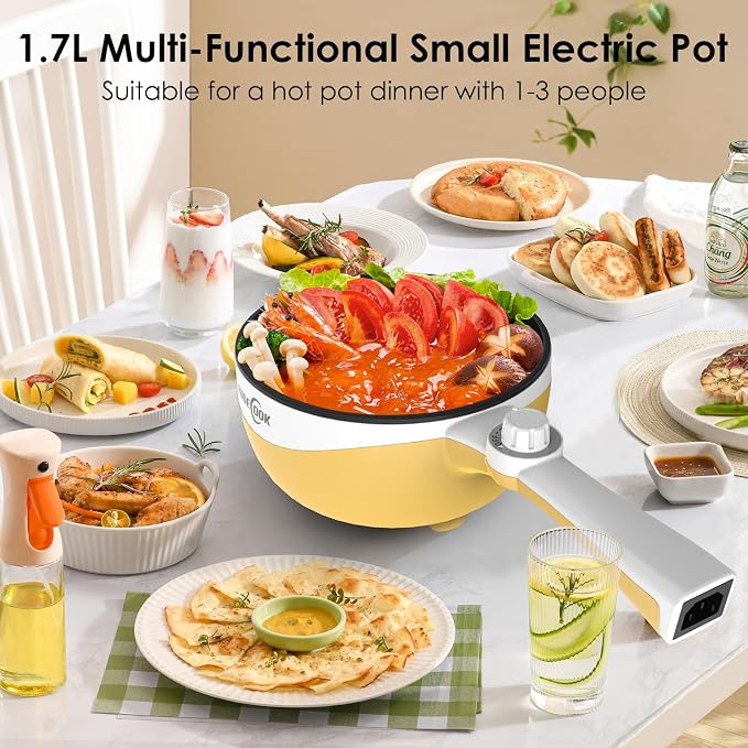 Audecook Hot Pot Electric, 1.7L Mini Electric Skillet Portable Nonstick Sauté Pan with Power Adjustment, Ramen Cooker Travel Multicooker for Steak/Soup/Egg/Oatmeal/Noodles
