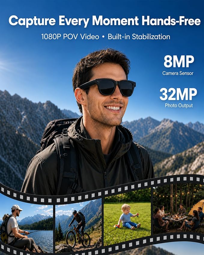 Coucur AI Smart Glasses with Camera, 8MP 4K Camera Glasses & 1080P Video Recording Glasses, ChatGPT Voice Assistant, 139 Languages Real-Time Translation, Open Ear Earbuds for Travel/Meetings/Vlog