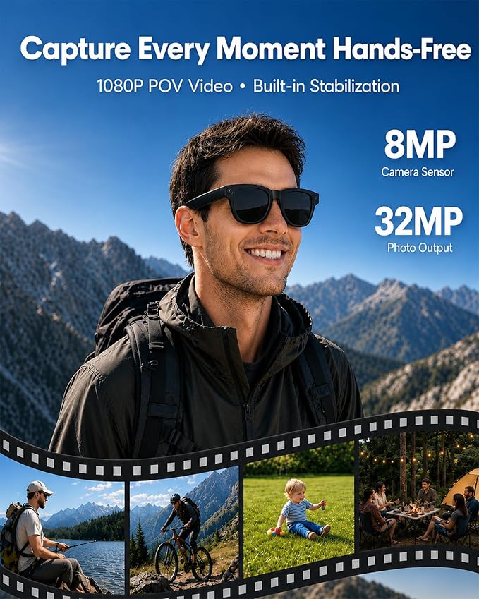 Coucur AI Smart Glasses with Camera, 8MP 4K Camera Glasses & 1080P Video Recording Sunglasses, ChatGPT Voice Assistant, 139 Languages Real-Time Translation, Open Ear Earbuds for Outdoors/Driving/Vlog