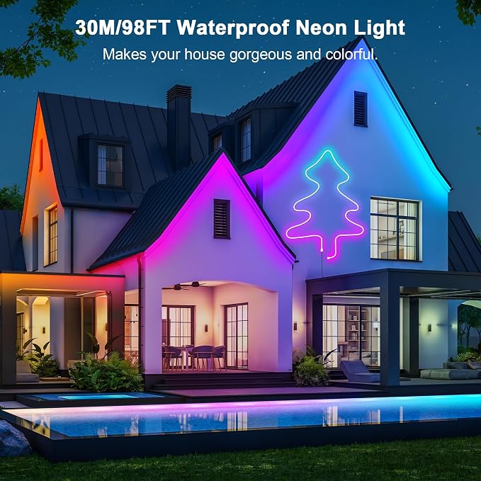 Cozylady RGB Neon Light LED Rope Light,Waterproof Bluetooth APP Remote Control Music Sync Strip Light,24V Flexible DIY Silicone Light for Bedroom Home Indoor Outdoor Decoration(30m/100ft)