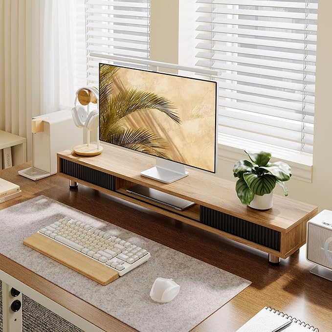 Fenge Dual Monitor Stand, 42.5inch Long Monitor Stands Riser for 2 Monitors, Glass Sliding Door with Storage Organizer Stand for Desk, 2 Tier Desk Shelf for Laptop, Pc, Printer, Computer, TV