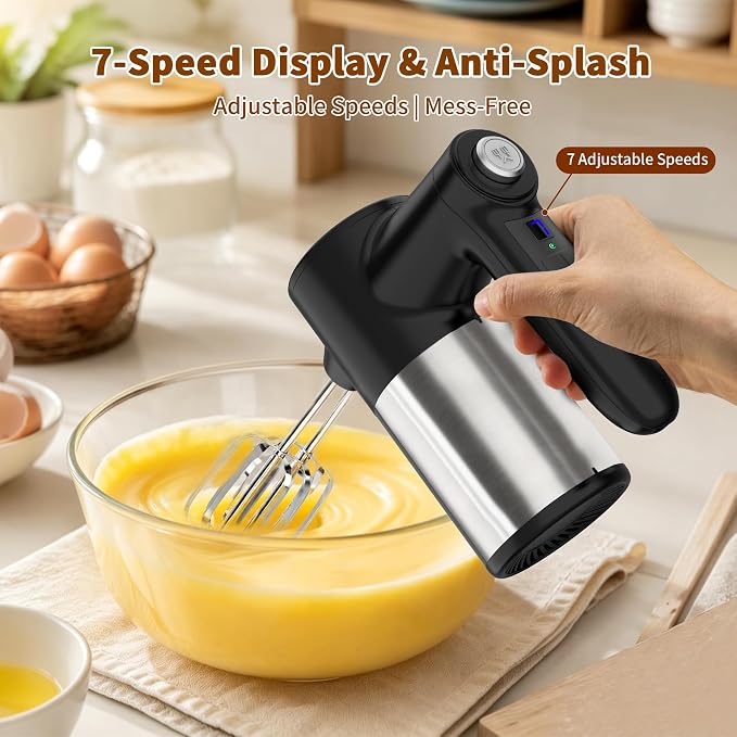Cordless Electric Hand Mixer, 7 Speed Rechargeable Wireless Handheld Mixer with Eject Button, Long Battery, Quiet Anti-Splash, 6×304 Stainless Steel Attachments & Storage Base for Baking (Black)