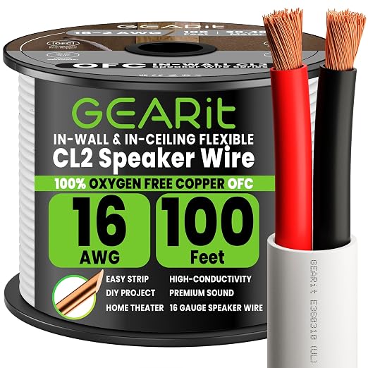 GEARit Speaker Wire 16 Gauge 100 ft, OFC Speaker Cable UL CL2 Rated, 16 AWG Copper Wire with Red/Black Color Coded, Speaker Cable for in-Wall Home Theater, School, Church & Commercial Audio(White)