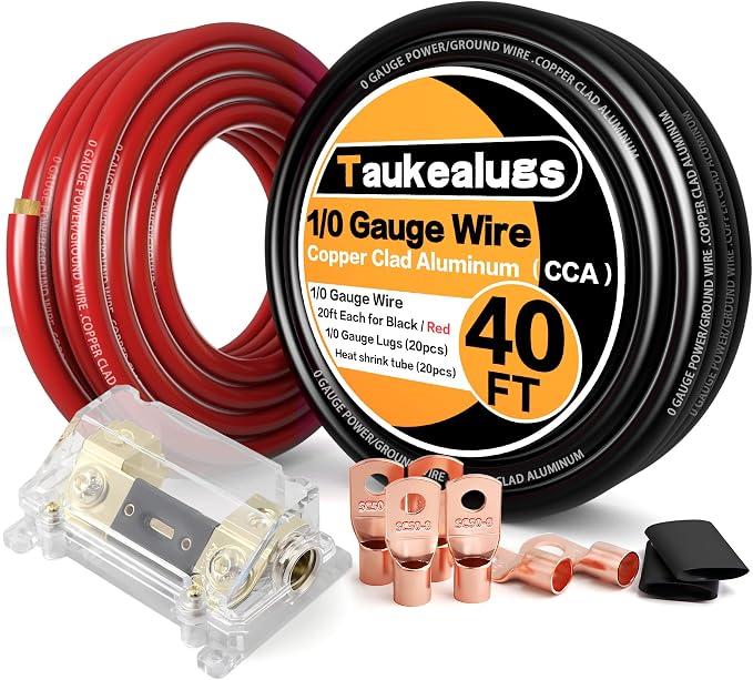 1/0 Gauge Battery Cable Wire Copper Clad Aluminum CCA Amp Wiring Kit 40FT Black/Red for Automotive Power Ground,Car Audio Speaker,RV Truck with 250A ANL Fuse Holder Lug Terminal Heat Shrink Tube