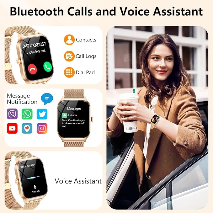 Smart Watch for Women with Bluetooth Calling, Fashion Fitness Tracker, 1.85" HD Touch Screen, AI Voice Assistant, Heart Rate Sleep Monitor, 120+ Sports Modes, Compatible with Android iPhone, 2 Bands