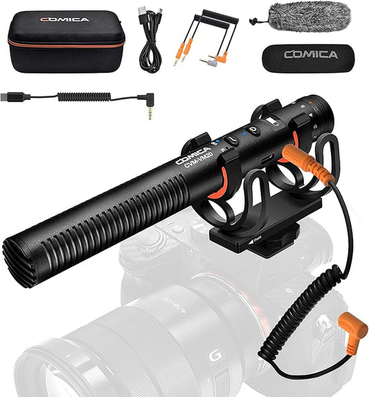 COMICA VM20 Shotgun Microphone with 3.5mm TRS to USB-C Audio Output Cable, Super-Cardioid Camera Microphone with OLED Power Display, Video Mic for Smartphones, DSLR Cameras, Tablets, Laptops