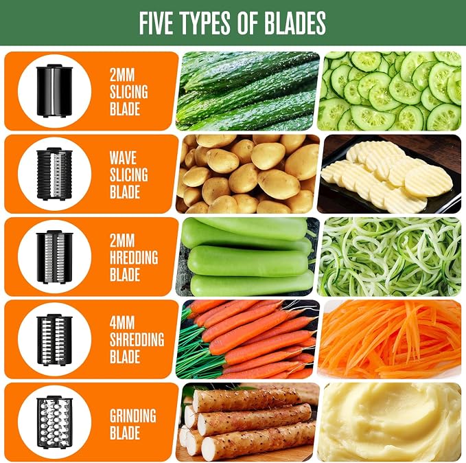 5-in-1 Electric Vegetables Chopper, 250W Cheese Grater Salad Shooter with 5 Different Blades, Kitchen Food Processor Cutter Slicer for Carrots, Potatoes, Nuts, Crackers, Salad Prep