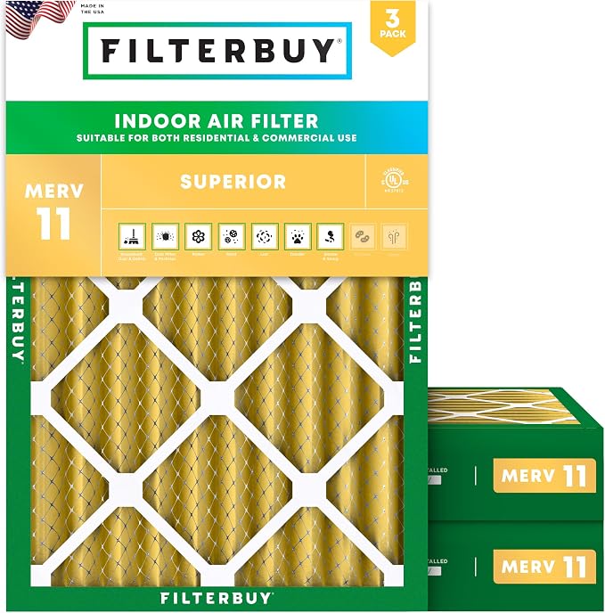 Filterbuy 18x20x4 Air Filter MERV 11 Superior Pet & Allergy Defense (3-Pack), Electrostatic Pleated HVAC AC Furnace Filters Replacement, Made in USA (Actual Size: 17.50 x 19.50 x 3.63)