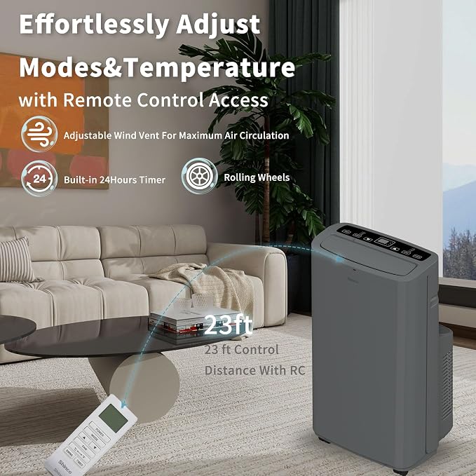 Shinco 14,000 BTU Grey Portable Air Conditioner with Heater up to 700 Sq. Ft, Ac Heater Combo Window Unit, Portable AC Unit with Dehumidifier & Fan, Cools & Heats,Remote Control and Window Kit