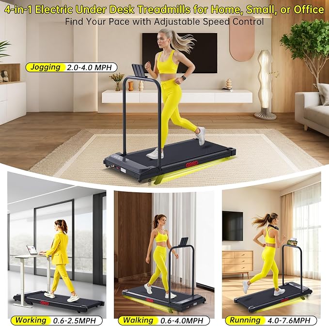 Walking Pad with Handle Bar, 2026 Upgrade Compact Portable Small Treadmill with Handles for Home Office Small, 3.0HP Electric Under Desk Mini Walking Pad Treadmill with Incline, 0.6-7.6MPH, 350LBS