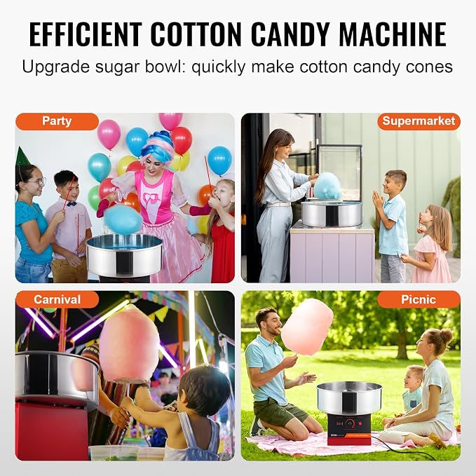VEVOR Cotton Candy Machine Commercial, 1000W Electric Floss Maker with Stainless Steel Bowl, Sugar Scoop, Storage Drawer, Perfect for Home, Carnival, Kids Birthday, Family Party, Red
