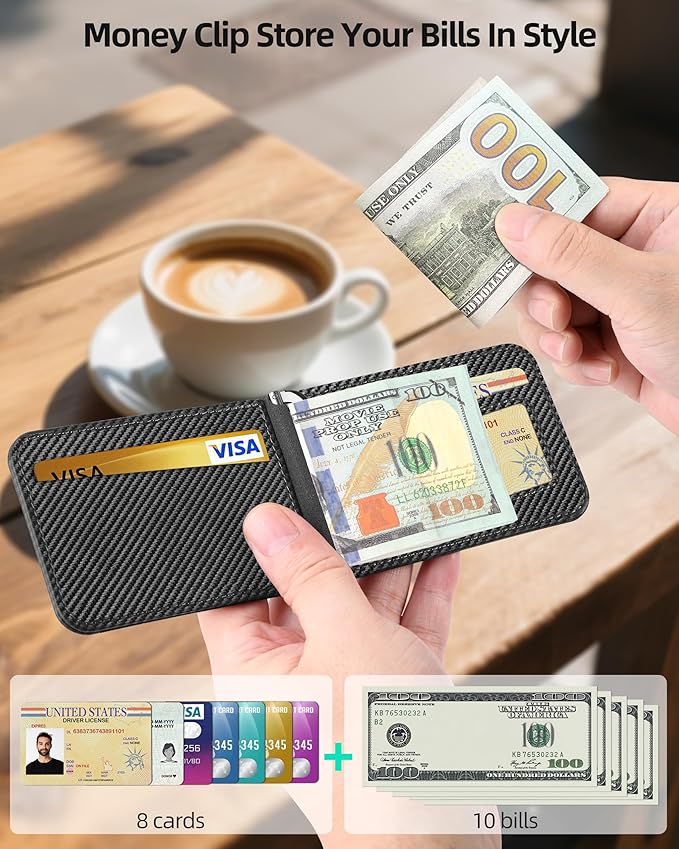 ExtreLife for MagSafe Wallet with Money Clip, Stronger Magnetic Wallet for iPhone 17/16/15/14/13/12 Series, RFID Blocking, for iPhone Wallet with Stand, ID Window & 8 Card Holder, Carbon Fiber Black