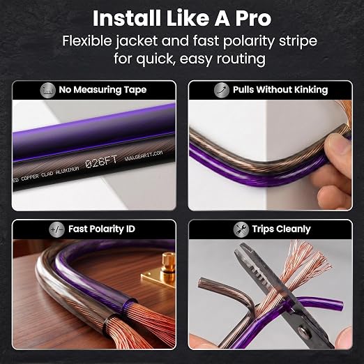 GEARit 14 Gauge Speaker Wire Purple 100 ft,Speaker Cable with Foot Markers & Polarity Markings,14 Gauge Wire for Car Audio & Home Theater Speakers,Audio Cable for DIY Installations,CCA(Black Purple)