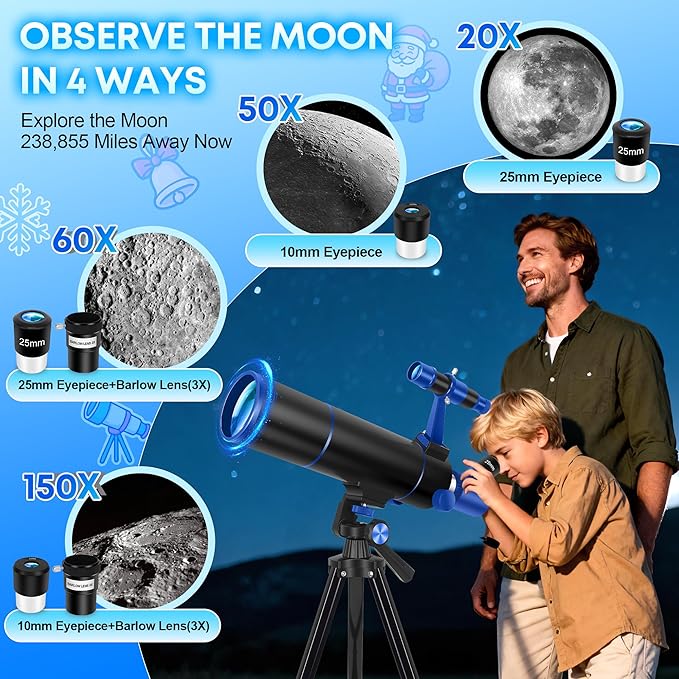 Hawkko Telescope for Adults & Kids Beginners, 80mm Aperture 500mm Telescopes for Adults Astronomy, (20X-150X) Portable Refractor Telescope Kit with Decorate Stickers, Backpack, Phone Adapter-BlackBlue