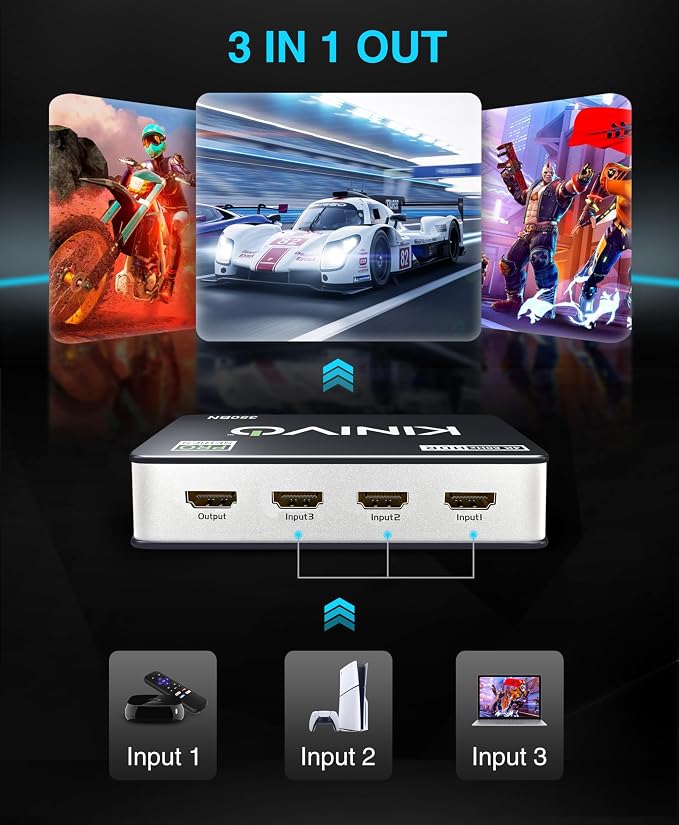 Kinivo HDMI Switch 3 in 1 Out 4K 60Hz (HDR 10, High Speed 18Gbps, IR Remote, HDCP2.2, Dolby Vision, VRR) - 350BN Switcher Compatible with Roku, PS5, Xbox, Apple TV, Nintendo Switch 2, Cable Box