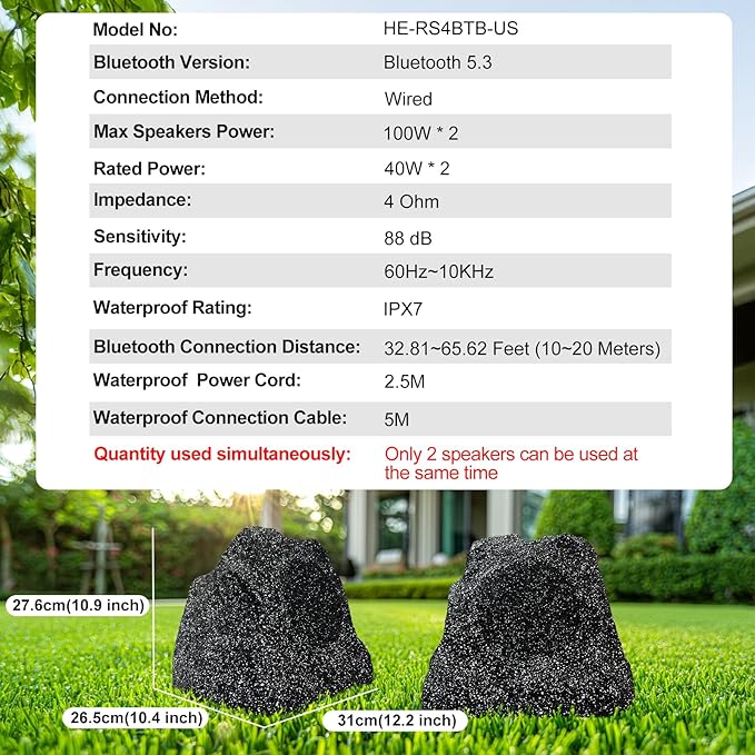 Herdio Outdoor Rock Bluetooth Speakers Wired IPX7 Waterproof 200 Watt Resin Material All Weather for Deck Pool Backyard Patio Garden BBQ (1 Pair Black)