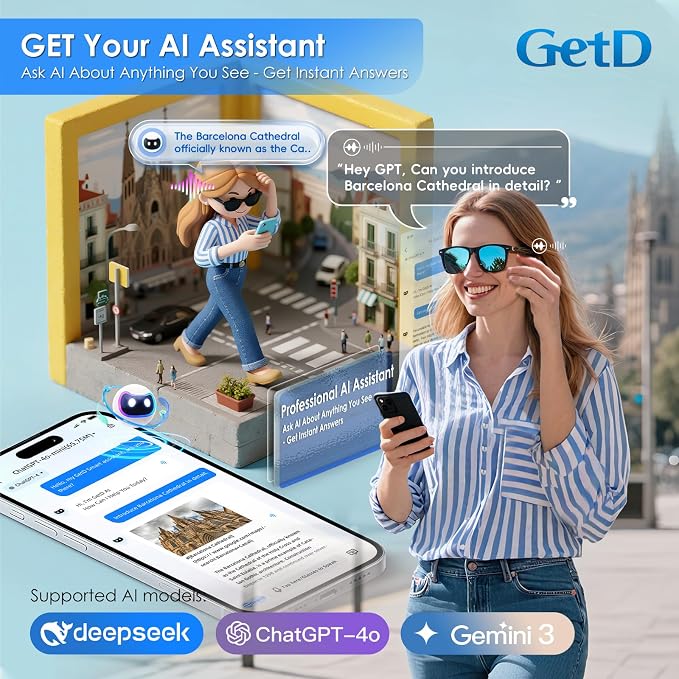 AI Glasses for Men & Women, Smart Glasses Powered by ChatGPT, AI Real-time Translation with 107 languages, 11H Music Play, Bluetooth Sunglasses with Polarized Lens, UV Protection for Daily Use, Travel