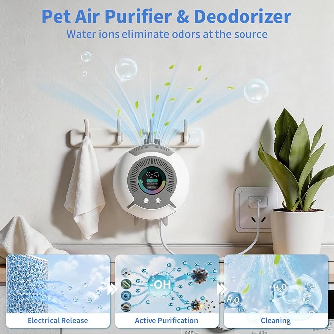 Water Ionic Air Purifier for Home Pets – Small Filterless Pet Odor Eliminator with USB-C, Air Ionizer for Cats&Dogs, Bedroom, Bathroom, Kitchen, Car, Quiet Continuous Air Purification, White
