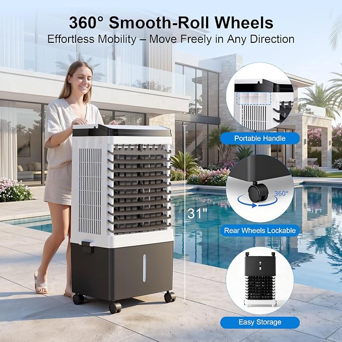 Uthfy 1800 CFM Swamp Cooler, 31" Evaporative Air Cooler with 5.3 Gal Detachable Water Tank, 120° Oscillation, 3 Speeds, Remote, 12H Timer, Portable AC for Bedroom Office Patio