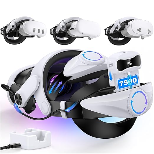 Head Strap for Quest 3/3S & Quest 2 with Battery, Comfor VR Accessory with 2 Adjustable Knobs to Adjust for Head Fit, Elite Strap with 7500mah Battery & Charging Station for Extended 3H Playtime