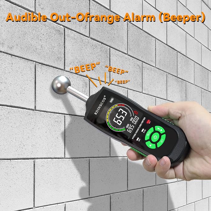 Pinless Digital Moisture Meter with Ball Sensor for Walls Wood Drywall | Digital Moisture Detector, For Basement, Narrow Corner, Concrete, Non-Destructive Scanner, LED Flashlight, Custom Alerts
