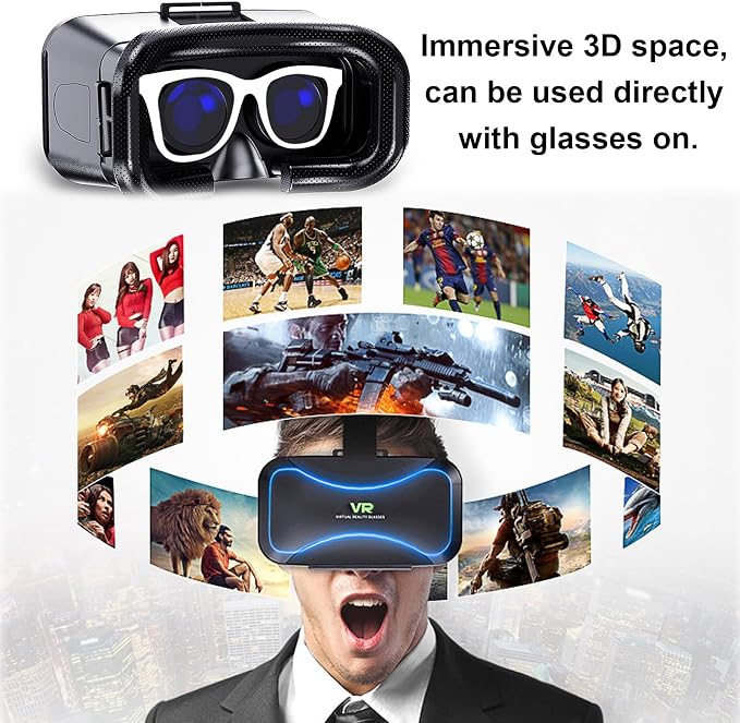 3D VR Headset, Virtual Reality 3D VR Glasses, Anti-Blue Light Adjustable 3D Headset Helmets for iPhone or Android Compatible with 4.5” to 6.7” inch with Controller(Black)