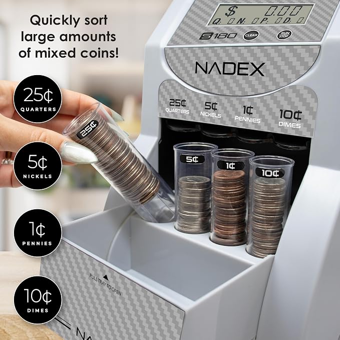 Nadex S180 Digital Coin Counter & Sorter – Counts and Wraps Coins Automatically, Stops When Rolls are Full, Carbon Fiber Finish.