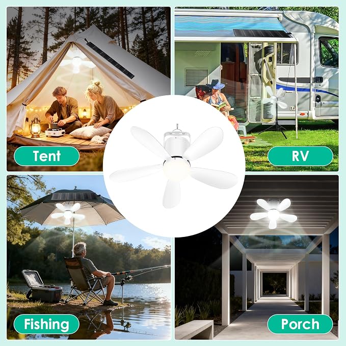 21” Solar Ceiling Fan Light, Foldable Solar Panel Portable Gazebo Fan with Remote, Wireless Battery Operated Ceiling Fan Light Outdoor, for Camping RVs Tent Patio Canopy Chicken Coop Outside