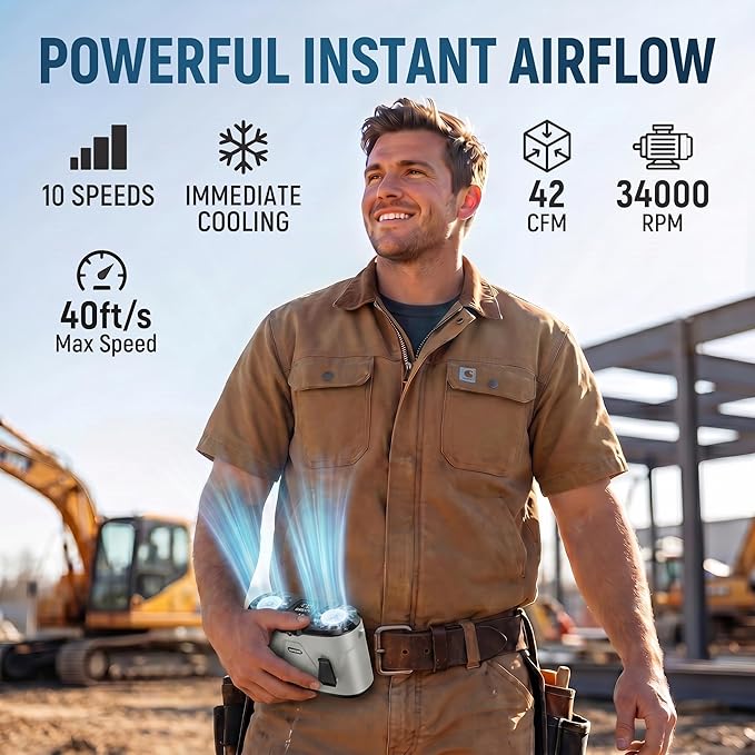 20000mAh Portable Waist Fan Rechargeable, Dual Air Outlet Belt Fan with Cooling Plate, 10 Speed Personal Air Conditioner with LED Display & Light for Work Outdoor (Gray)