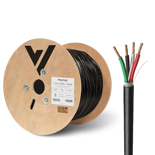 Voltive 12/4 Speaker Wire, in-Wall CL3 & Direct Burial, Black, 500ft - 12AWG, 4 Conductors, Stranded Oxygen-Free Copper, UL Listed - V-1207-5