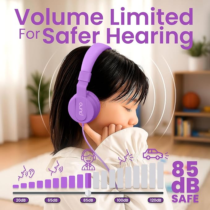 Puro Sound Labs Kids Wired Headphones – Volume-Limiting & Adjustable, Safe & Comfortable Headphones for Kids – Compatible with PCs, Smartphones & Tablets, Ideal for School & Travel – PuroBasic, Purple
