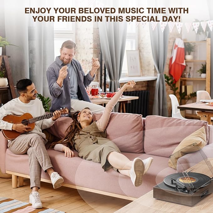Bluetooth Vinyl Record Player,3-Speed Turntable with Stereo Speakers Vintage Phonograph Record Player, with RCA Line Out AUX in Headphone Jack Coffee Wood