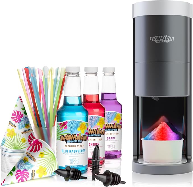 Hawaiian Shaved Ice S777 HomePro Shave Ice Machine With 3 Flavor Snow Cone Syrup Pack Including Party Ready Accessories