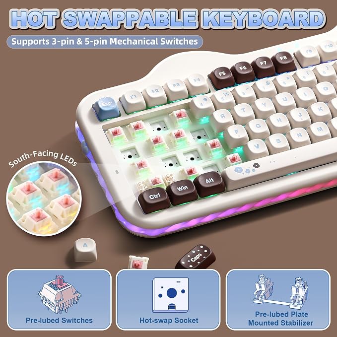 YUNZII C98 Wireless Mechanical Keyboard with Number Pad,98 Key BT5.0/2.4G/USB-C Hot Swap Gasket Mount with PBT MOA Keycaps,Custom RGB,Cute Cake Keyboard for Win/Mac (Choco, Candy Linear Switch)