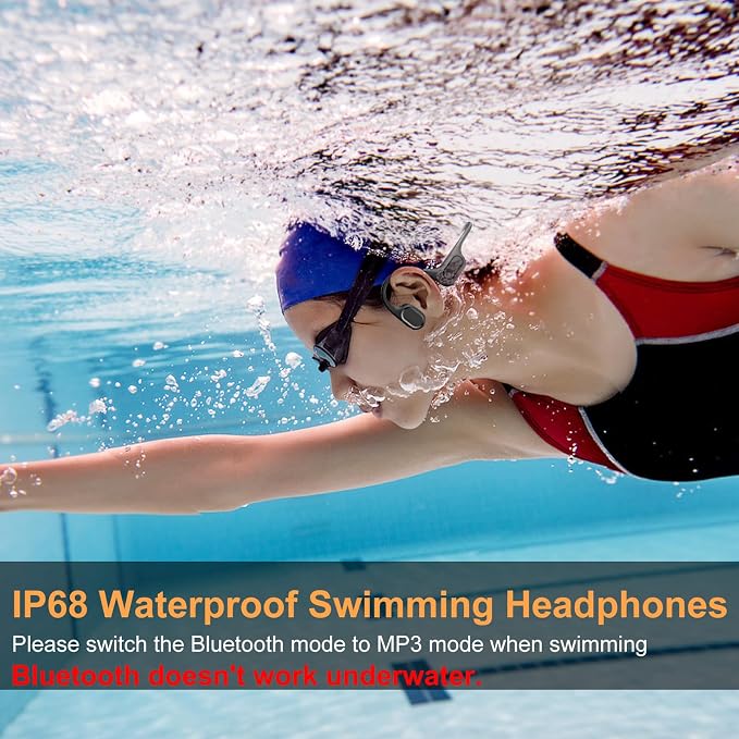 IP68 Waterproof Swimming Headphones, Bone Conduction Bluetooth 6.0 Headphones, Built-in 32GB MP3 Player, Soft Lightweight Open-Ear Design for Swimming Marathons Showers Cycling(Black