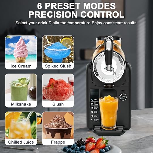 Slushie Machine for Home, No Ice Needed Slushy Machine & Frozen Drink Machine, 6 Presets, Real-Time Temp Display, Auto-Clean Slushy Maker Machine for Margaritas, Frappes, Milkshakes, Party Size（Black）