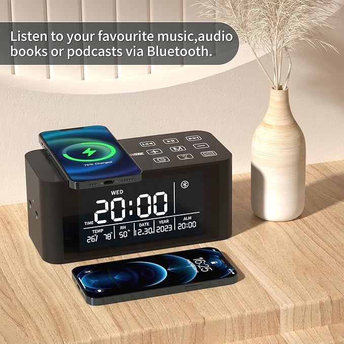 Bluetooth Speaker with Digital Alarm Clock, Wireless Charger, FM Clock Radio,Super Loudspeaker,Dimmable LED Display for Bedroom,Home, Adaptor
