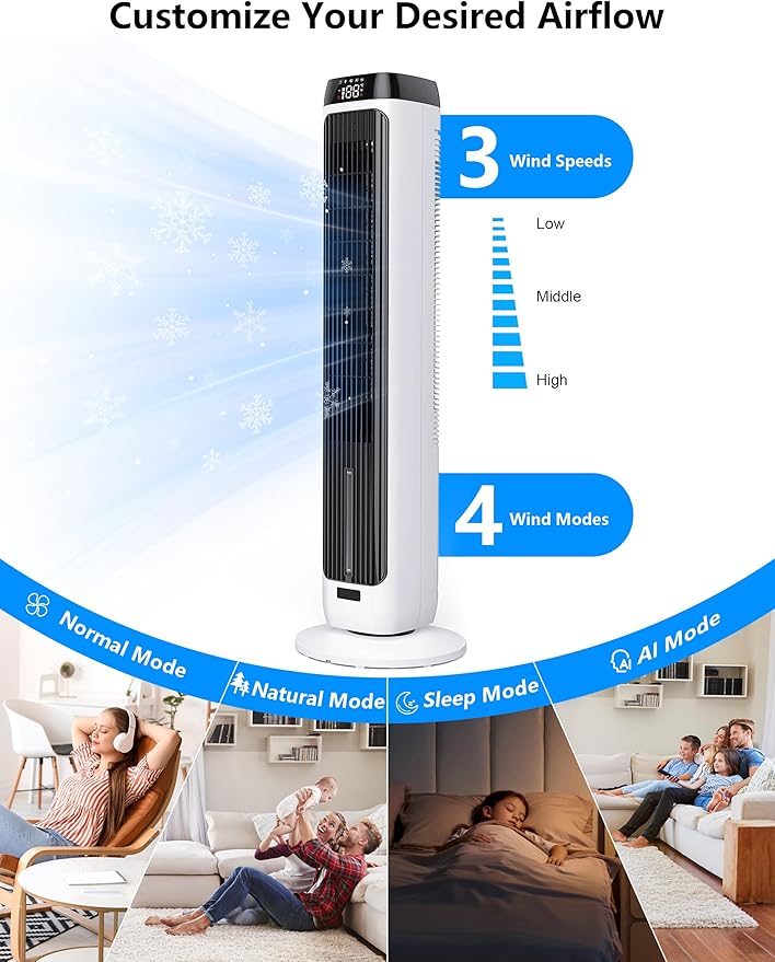 PNTCK 41" Evaporative Air Cooler, Bladeless Tower Fan Cooling Fan with 3 Speeds & 5 Modes, Ice Packs, 12H Timer, Remote, 80° Oscillating, 3-IN-1 Swamp Cooler for Bedroom Office Large Room