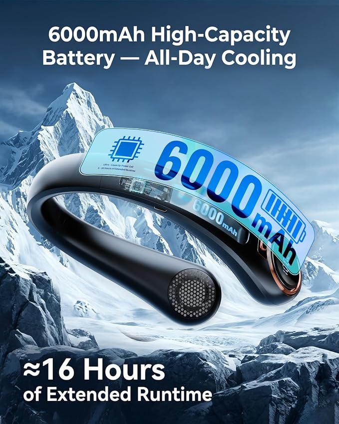 BNBZ Portable Neck Fan, 6000mAh Rechargeable Fan Blows Cold Air with LED Display, 4 Speeds, 20H Runtime, Quiet Wearable 360° Personal Cooling Fan for Outdoor Travel Work Gym,Fireplace Fans