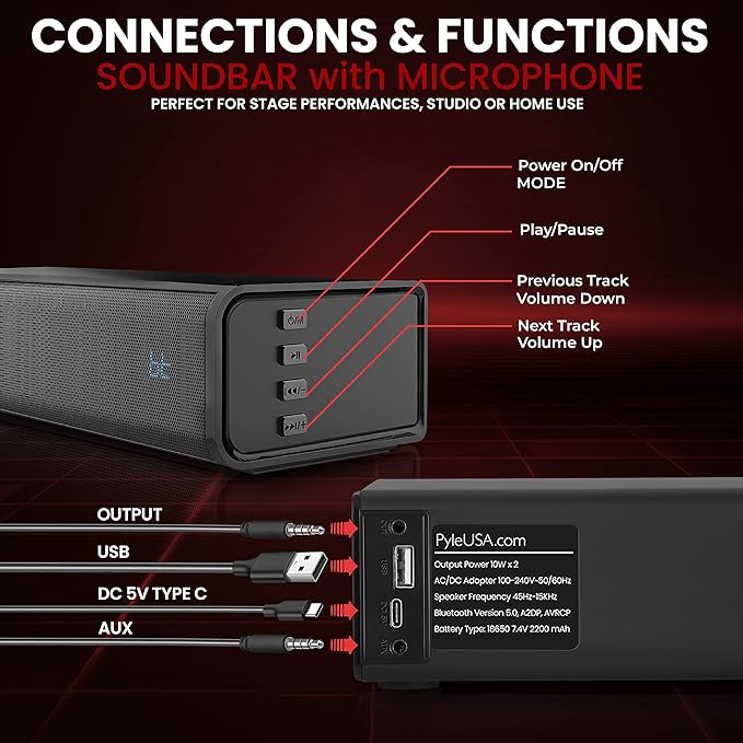 Pyle Wireless Soundbar with Mic and Remote Control, 10 inches 20W 2 Wireless Microphones, 5.0, A2DP, AVRCP Bluetooth Karaoke Sound System, USB, AUX-in, AUX Out,Black