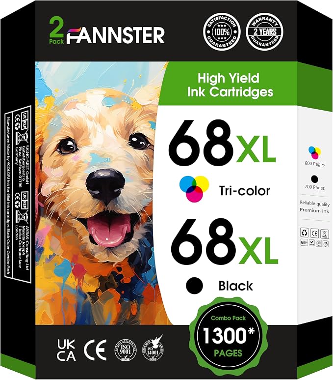 68XL 68e 68 Ink Cartridges Black Color Combo Pack Replacement for HP 68 Ink Cartridges, Compatible with HP Envy 6155e 6555e 6152e 6552e 6558e Printers (1 Black 1 Tri-Color)